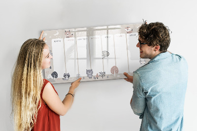 Decoratief glazen wandbord beschrijfbaar en magnetisch Leuke dieren weekplanner