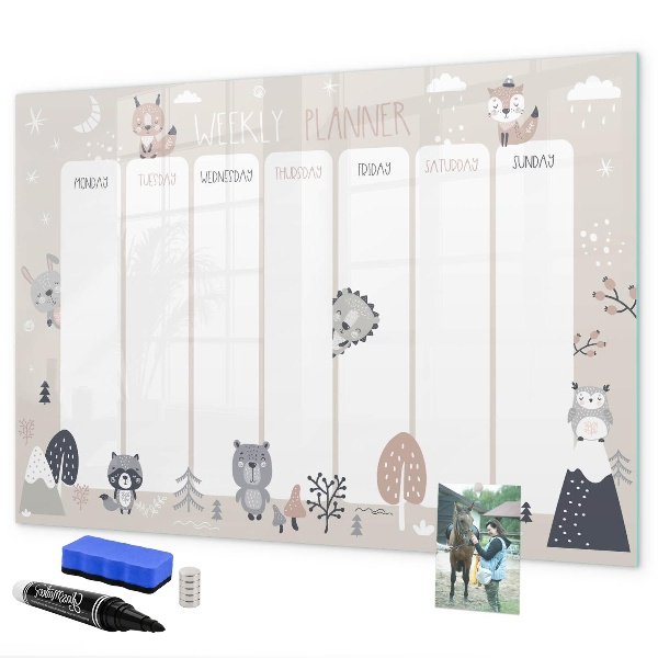Decoratief glazen wandbord beschrijfbaar en magnetisch Leuke dieren weekplanner