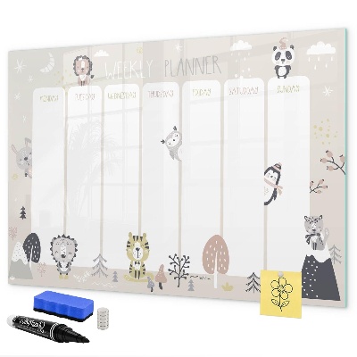 Memobord van glas met print inclusief neodymium magneten Weekplanner met kleurrijke dieren