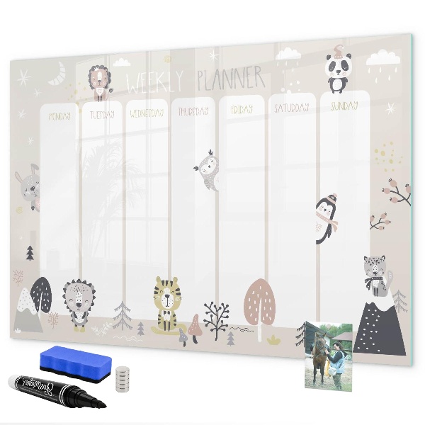 Memobord van glas met print inclusief neodymium magneten Weekplanner met kleurrijke dieren