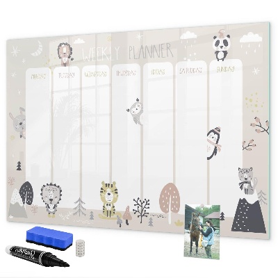 Memobord van glas met print inclusief neodymium magneten Weekplanner met kleurrijke dieren
