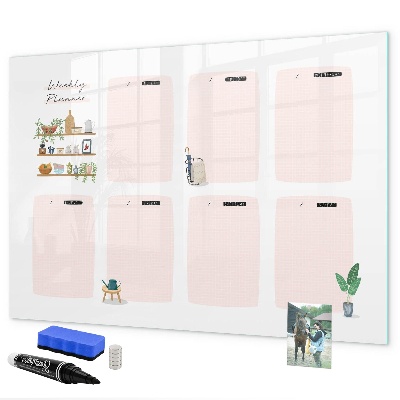 Decoratief glazen wandbord beschrijfbaar en magnetisch Weekplanner met ruimte voor foto's