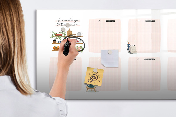 Decoratief glazen wandbord beschrijfbaar en magnetisch Weekplanner met ruimte voor foto's