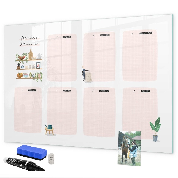 Decoratief glazen wandbord beschrijfbaar en magnetisch Weekplanner met ruimte voor foto's