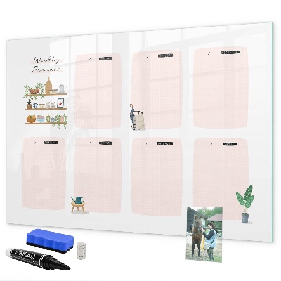 Decoratief glazen wandbord beschrijfbaar en magnetisch Weekplanner met ruimte voor foto's