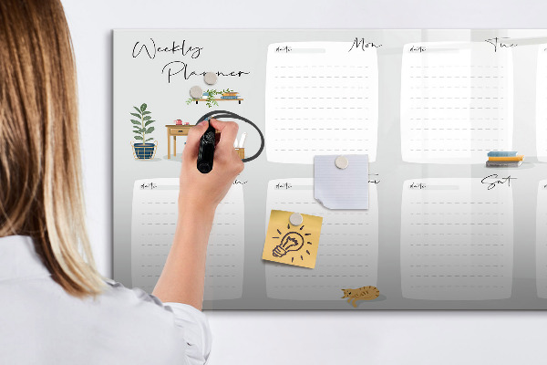 Memobord van glas met print inclusief neodymium magneten Weekplanner met ruimte voor foto's