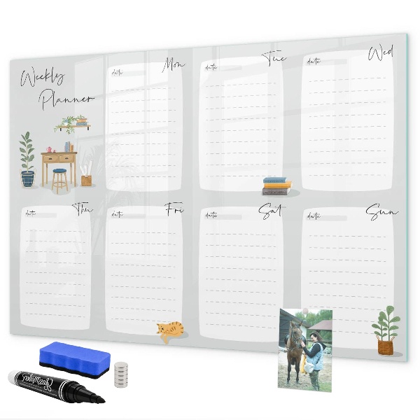 Memobord van glas met print inclusief neodymium magneten Weekplanner met ruimte voor foto's