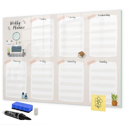 Decoratief glazen wandbord beschrijfbaar en magnetisch Weekplanner met ruimte voor foto's