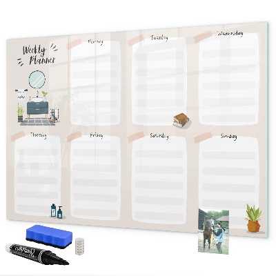 Decoratief glazen wandbord beschrijfbaar en magnetisch Weekplanner met ruimte voor foto's