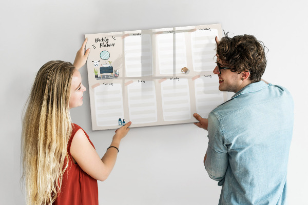 Decoratief glazen wandbord beschrijfbaar en magnetisch Weekplanner met ruimte voor foto's