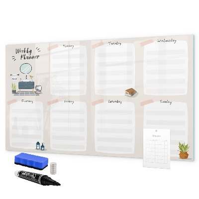 Decoratief glazen wandbord beschrijfbaar en magnetisch Weekplanner met ruimte voor foto's