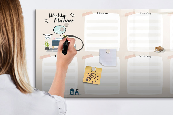 Decoratief glazen wandbord beschrijfbaar en magnetisch Weekplanner met ruimte voor foto's
