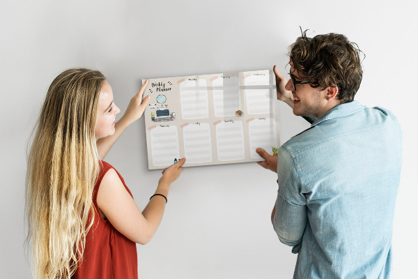 Decoratief glazen wandbord beschrijfbaar en magnetisch Weekplanner met ruimte voor foto's