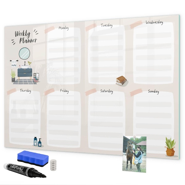 Decoratief glazen wandbord beschrijfbaar en magnetisch Weekplanner met ruimte voor foto's