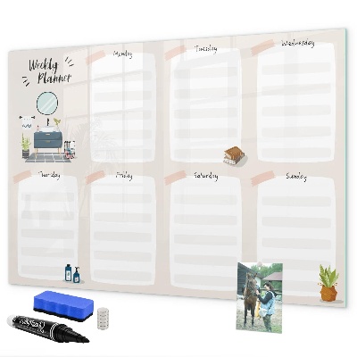 Decoratief glazen wandbord beschrijfbaar en magnetisch Weekplanner met ruimte voor foto's
