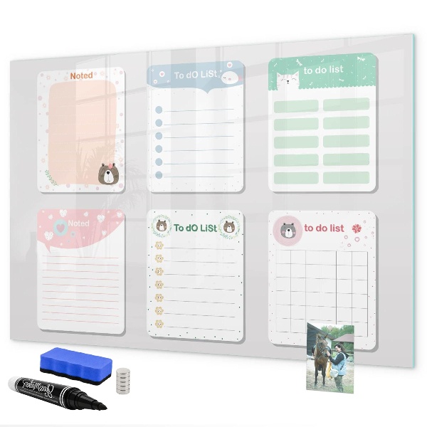 Memobord van glas met print inclusief neodymium magneten Huiswerk- en notitie-organizer