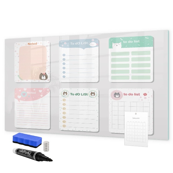 Memobord van glas met print inclusief neodymium magneten Huiswerk- en notitie-organizer