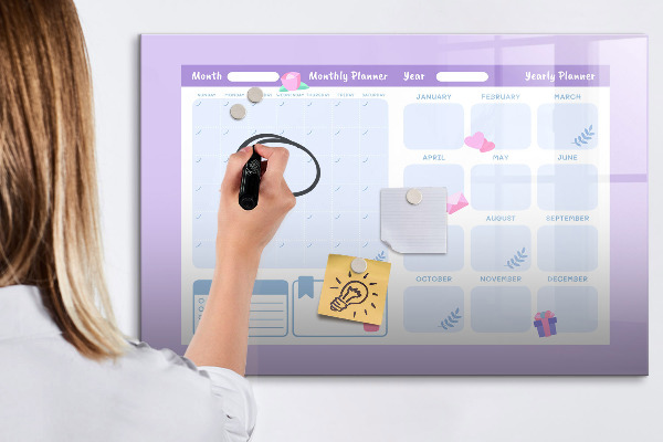 Memobord van glas met print inclusief neodymium magneten Maandplanner met ruimte voor foto's