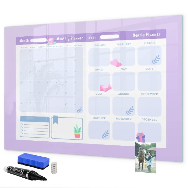 Memobord van glas met print inclusief neodymium magneten Maandplanner met ruimte voor foto's