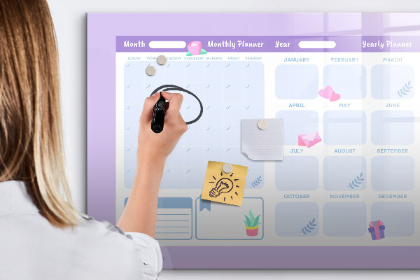 Memobord van glas met print inclusief neodymium magneten Maandplanner met ruimte voor foto's