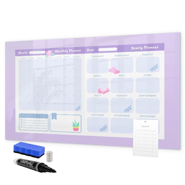 Memobord van glas met print inclusief neodymium magneten Maandplanner met ruimte voor foto's