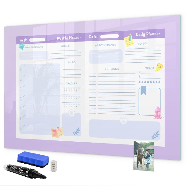 Decoratief glazen wandbord beschrijfbaar en magnetisch Weekplanner met ruimte voor foto's