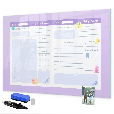 Decoratief glazen wandbord beschrijfbaar en magnetisch Weekplanner met ruimte voor foto's