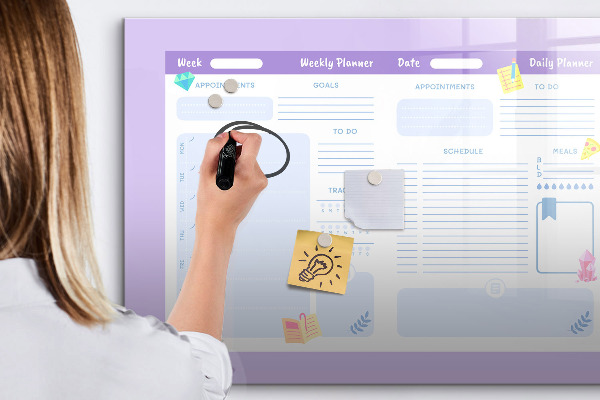 Decoratief glazen wandbord beschrijfbaar en magnetisch Weekplanner met ruimte voor foto's