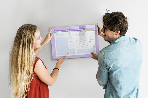 Decoratief glazen wandbord beschrijfbaar en magnetisch Weekplanner met ruimte voor foto's