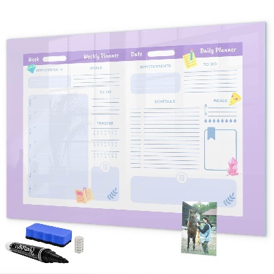 Decoratief glazen wandbord beschrijfbaar en magnetisch Weekplanner met ruimte voor foto's