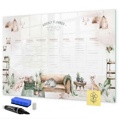 Decoratief glazen wandbord beschrijfbaar en magnetisch Weekplanner in urban jungle-stijl