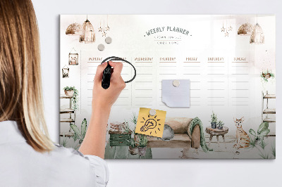 Decoratief glazen wandbord beschrijfbaar en magnetisch Weekplanner in urban jungle-stijl