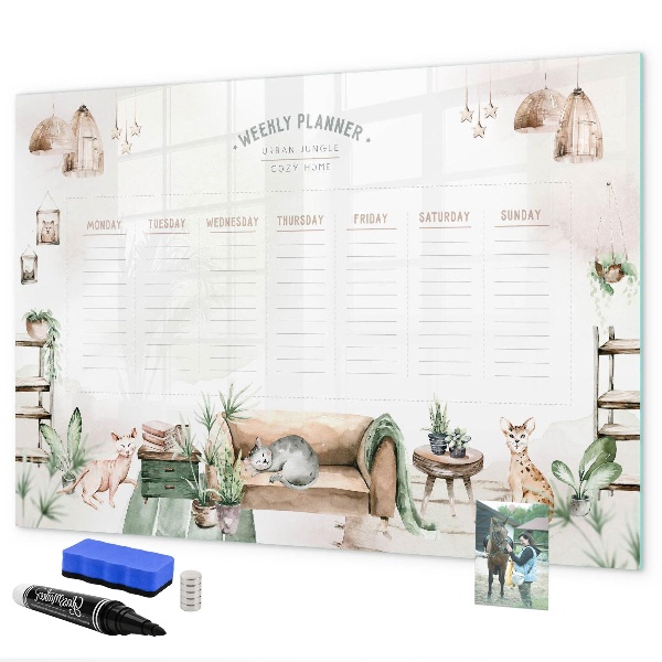 Decoratief glazen wandbord beschrijfbaar en magnetisch Weekplanner in urban jungle-stijl