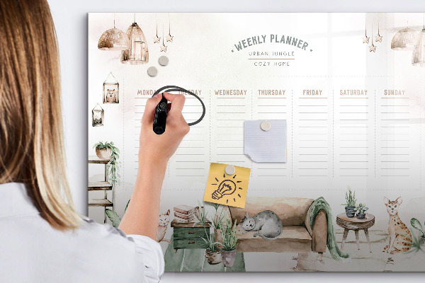 Decoratief glazen wandbord beschrijfbaar en magnetisch Weekplanner in urban jungle-stijl