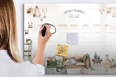 Decoratief glazen wandbord beschrijfbaar en magnetisch Weekplanner in urban jungle-stijl