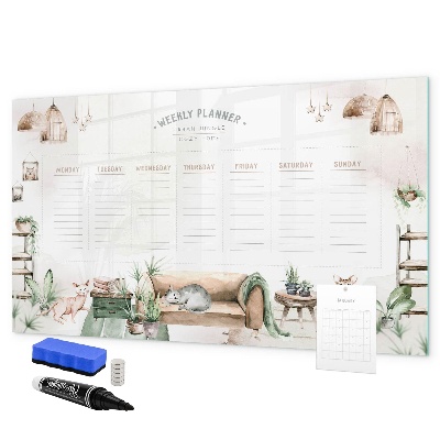 Decoratief glazen wandbord beschrijfbaar en magnetisch Weekplanner in urban jungle-stijl
