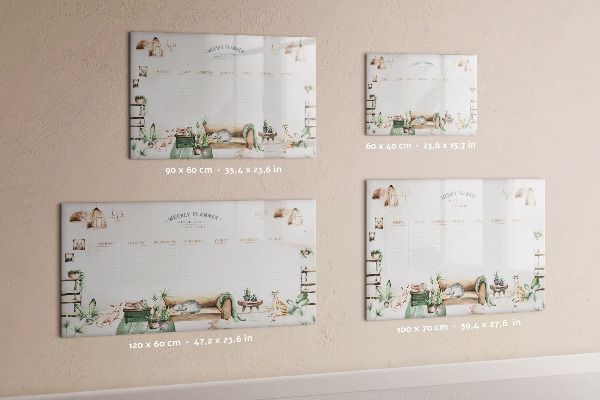Decoratief glazen wandbord beschrijfbaar en magnetisch Weekplanner in urban jungle-stijl
