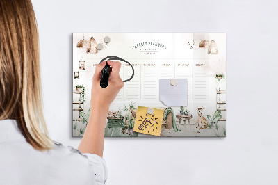 Decoratief glazen wandbord beschrijfbaar en magnetisch Weekplanner in urban jungle-stijl