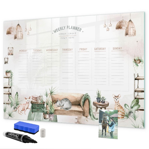 Decoratief glazen wandbord beschrijfbaar en magnetisch Weekplanner in urban jungle-stijl