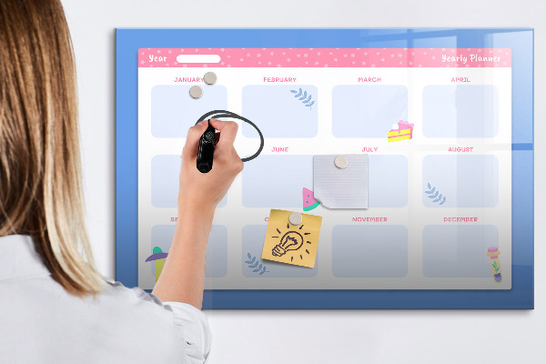 Decoratief glazen wandbord beschrijfbaar en magnetisch Jaarplanner met ruimte voor foto's