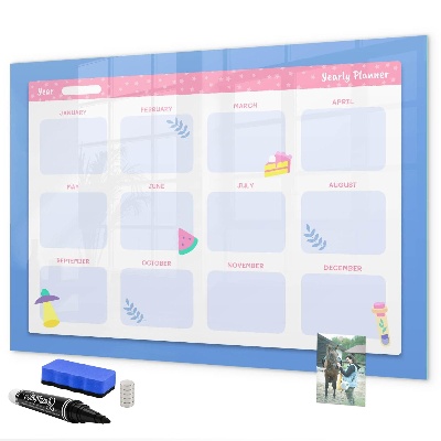 Decoratief glazen wandbord beschrijfbaar en magnetisch Jaarplanner met ruimte voor foto's