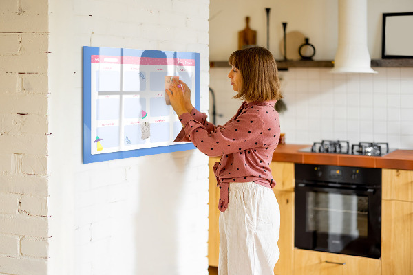 Decoratief glazen wandbord beschrijfbaar en magnetisch Jaarplanner met ruimte voor foto's