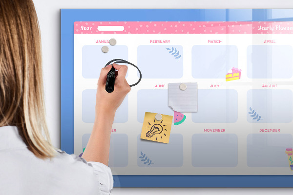 Decoratief glazen wandbord beschrijfbaar en magnetisch Jaarplanner met ruimte voor foto's