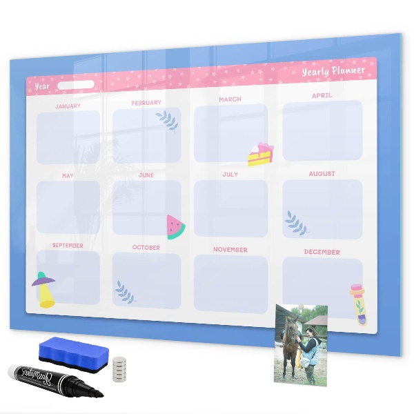 Decoratief glazen wandbord beschrijfbaar en magnetisch Jaarplanner met ruimte voor foto's