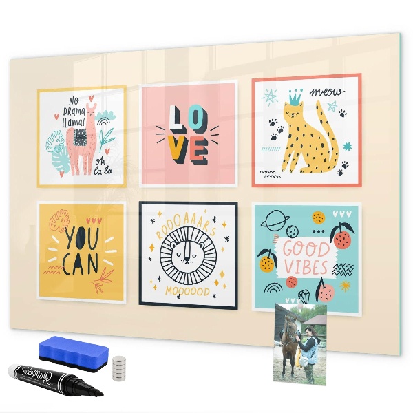 Decoratief glazen wandbord beschrijfbaar en magnetisch Creatieve collages vol positieve emoties