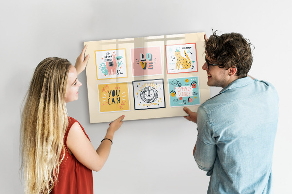 Decoratief glazen wandbord beschrijfbaar en magnetisch Creatieve collages vol positieve emoties