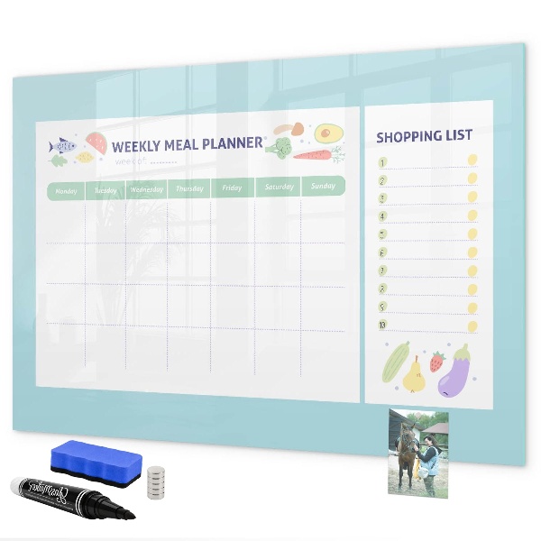 Decoratief glazen wandbord beschrijfbaar en magnetisch Maaltijdplanner en boodschappenlijst
