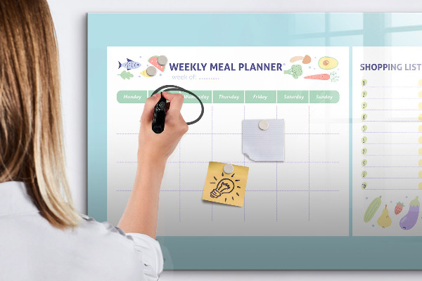 Decoratief glazen wandbord beschrijfbaar en magnetisch Maaltijdplanner en boodschappenlijst