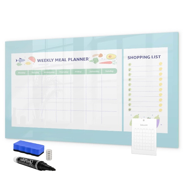Decoratief glazen wandbord beschrijfbaar en magnetisch Maaltijdplanner en boodschappenlijst