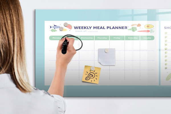 Decoratief glazen wandbord beschrijfbaar en magnetisch Maaltijdplanner en boodschappenlijst